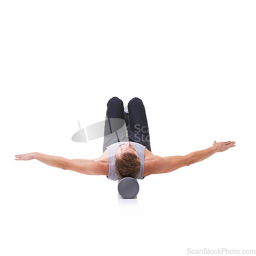 Image of Balance, foam roller and person in pilates training, floor stability or muscle endurance activity for spine rehabilitation. Studio, mockup space and athlete core strength exercise on white background