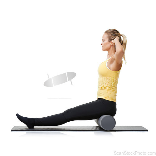 Image of Core workout, foam roller and studio woman with posture exercise, pilates balance or gym performance challenge. Ground, body training and athlete sitting on fitness club equipment on white background