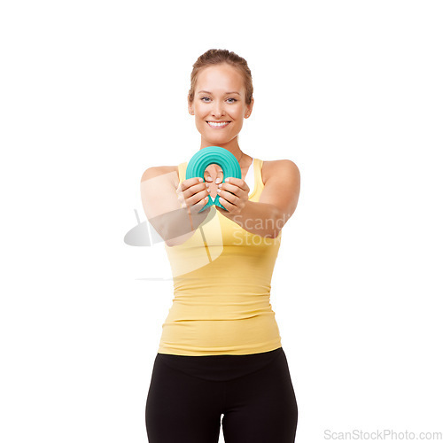 Image of Happy woman, portrait and bend grip in fitness for arm workout isolated against a white studio background. Young female person, athlete and band for resistance, training or exercise on mockup space