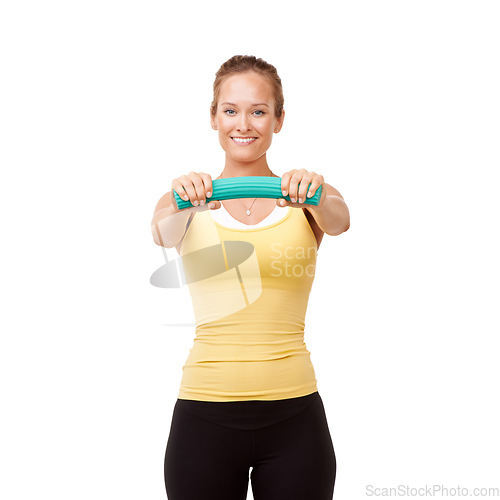 Image of Happy woman, portrait and bend grip in workout for arm exercise isolated against a white studio background. Young female person, athlete and band for resistance, training or fitness on mockup space