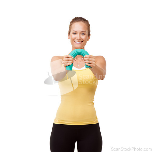 Image of Happy woman, portrait and bend grip for arm workout isolated against a white studio background. Young female person or athlete smile holding band for resistance, training or exercise on mockup space