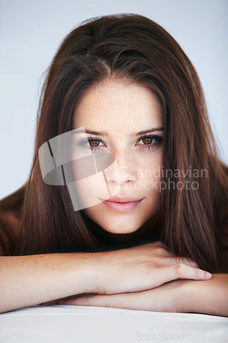 Image of Smile, beauty and portrait of young woman with makeup, cosmetic and natural face routine. Glow, glamour and headshot of beautiful female person from Canada with positive, good and confident attitude.