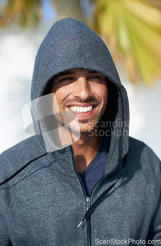 Image of Fitness, smile and portrait of man athlete ready to run for race, marathon or competition training. Sports, happy and male runner from Canada in nature for outdoor cardio workout or exercise.
