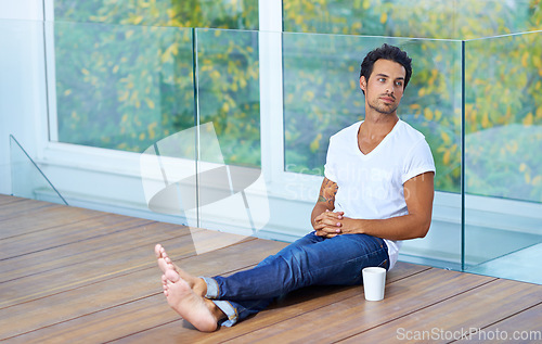 Image of Man, thinking and coffee for breakfast wellness, vacation latte or weekend relax. Male person, cup and caffeine cappuccino in morning or mug drink or happiness in apartment espresso, peace or calm