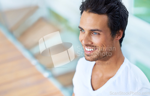 Image of Man, thinking and smile outdoor as future decision or idea wondering, vision or morning confidence. Male person, looking and thoughts happy or wellness as planning pondering, positive pride or choice