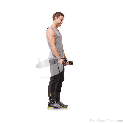 Image of Fitness, profile or happy man with dumbbells training, exercise or workout for body or wellness. White background, studio space or healthy athlete bodybuilder weightlifting for strong biceps muscle