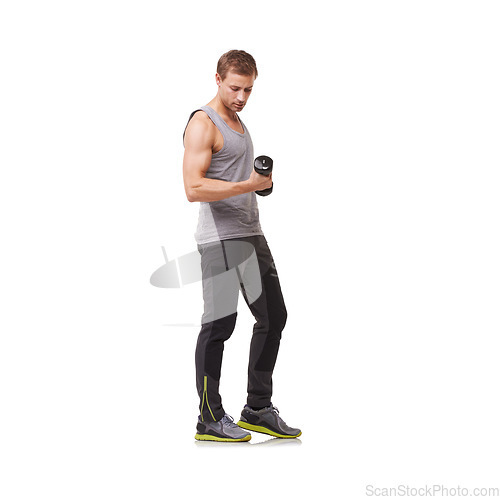 Image of Fitness, mockup or man with dumbbells training, exercise or workout for body or wellness. White background, studio space or healthy athlete bodybuilder weightlifting for strong biceps muscle or power