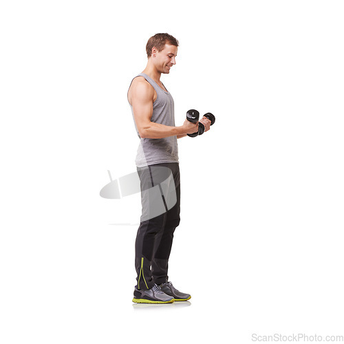 Image of Fitness, profile or strong man with dumbbells training, exercise or workout for body or wellness. White background, studio space or healthy athlete bodybuilder weightlifting for biceps muscle power