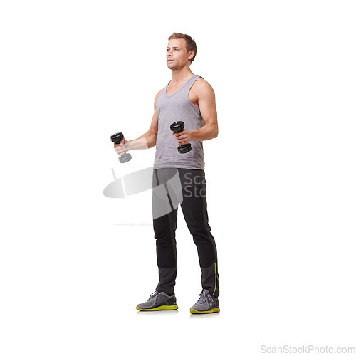 Image of Fitness, mockup or strong man with dumbbells training, exercise or workout for body or wellness. White background, studio space or healthy athlete bodybuilder weightlifting for biceps muscle power