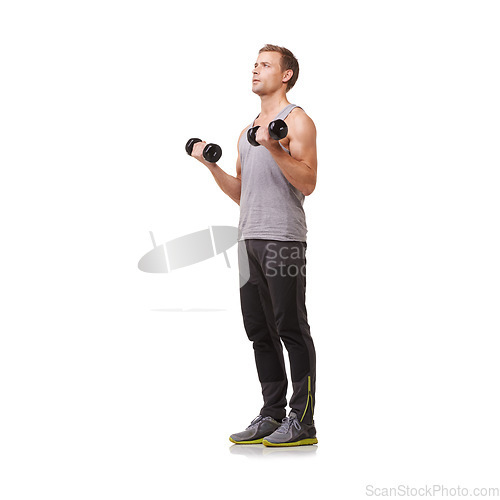 Image of Fitness, bodybuilder or strong man with dumbbells training, exercise or workout for body or wellness. White background, studio mockup space or healthy athlete weightlifting for biceps muscle power