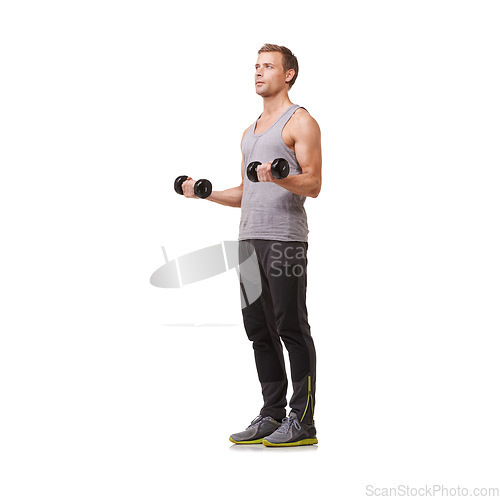 Image of Fitness, bodybuilder or athlete with dumbbells training, exercise or workout for body or wellness. White background, studio mockup space or healthy man weightlifting for strong biceps muscle power