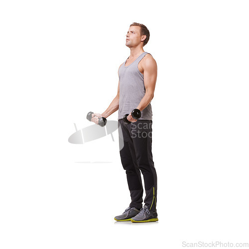 Image of Fitness, bodybuilder or man with dumbbells training, exercise or workout for body or wellness. White background, studio mockup space or healthy athlete weightlifting for strong biceps muscle power