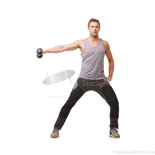 Image of Workout, bodybuilder or man with dumbbells training, exercise or fitness for wellness. White background, studio mockup space or healthy athlete doing lateral raises for strong shoulders or muscle