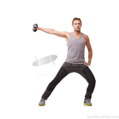 Image of Portrait, bodybuilder or man with dumbbells training, exercise or fitness for wellness in studio. White background, mockup or healthy athlete in lateral raises workout for strong shoulders or muscle