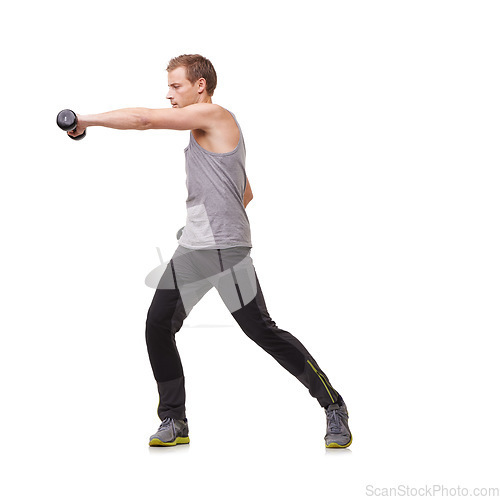 Image of Punching, white background or man with dumbbells training, exercise or workout for body or fitness. Mockup space, studio or healthy athlete bodybuilder boxing for strong biceps muscle or arm power