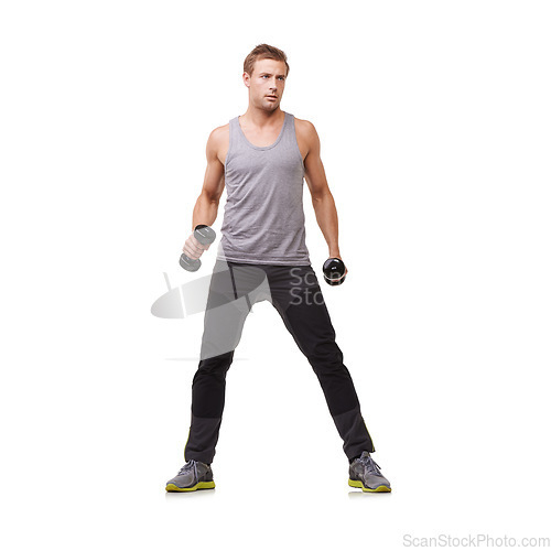 Image of Fitness, white background or bodybuilder with dumbbells training, exercise or workout for wellness. Mockup space, strong man or healthy athlete weightlifting for biceps muscle or power in studio