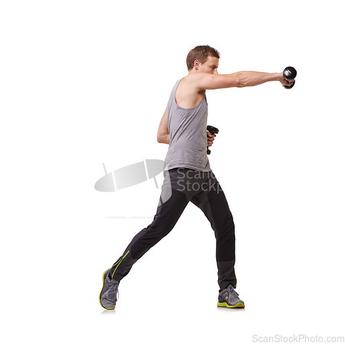 Image of Boxing, white background or man with dumbbells training, exercise or workout for body or fitness. Mockup space, studio or healthy athlete bodybuilder punching for strong biceps muscle or arm power