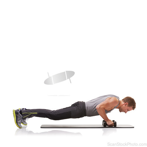 Image of Push ups, studio or man in dumbbells training, exercise or workout for fitness on white background. Mockup space, mat or healthy athlete bodybuilder weightlifting for strong biceps muscle or power