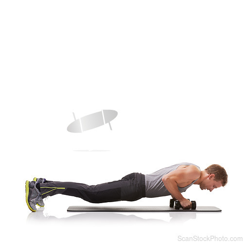 Image of Push ups, space or athlete in dumbbells training, exercise or workout for fitness on white background. Studio mockup, man or healthy male bodybuilder weightlifting for strong biceps muscle or power