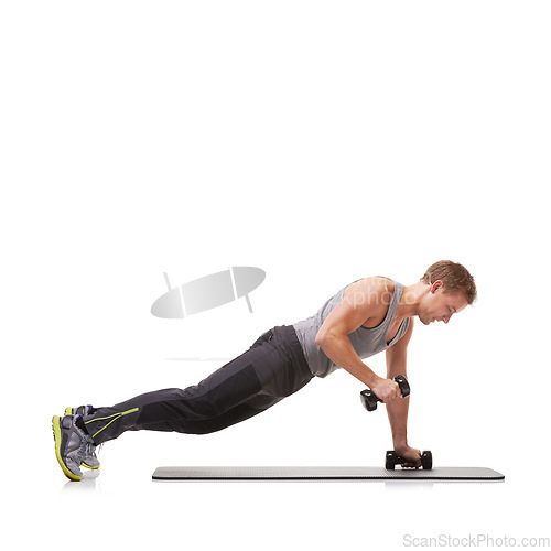 Image of Push up row, studio or athlete in dumbbells training, exercise or workout for fitness on white background. Mockup space, man or healthy bodybuilder weightlifting for strong biceps muscle or power