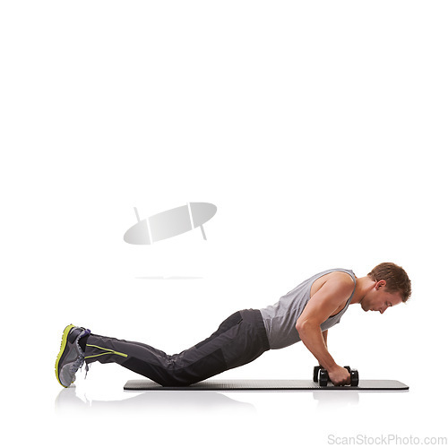 Image of Push up, studio space or man in dumbbells training, exercise or workout for fitness on white background. Mockup, energy or healthy athlete bodybuilder weightlifting for strong biceps muscle or power