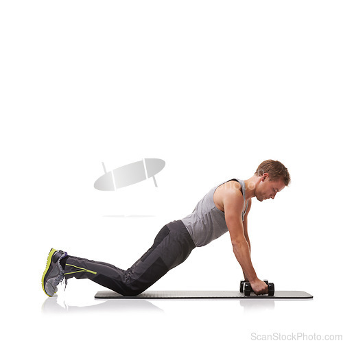 Image of Push up, knee or athlete in dumbbells training, exercise or workout for fitness on white background. Studio mockup space, man or healthy bodybuilder with weights for strong biceps muscle or power