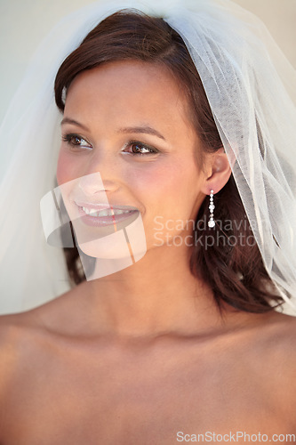 Image of Woman, wedding and veil for marriage celebration event for romance party, promise commitment or ceremony. Female person, smile and elegant fashion for special traditional or vows, care or partnership