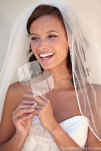 Image of Woman, wedding dress and ring for marriage celebration event, romance party or promise commitment. Female person, bride and veil or accessory jewelry for love ceremony, partnership or union bonding