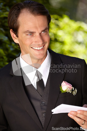 Image of Man, paper and outdoor at wedding marriage for commitment ceremony, promise speech or romance party. Male person, vows and reading as groom for partnership celebration, relationship trust or love