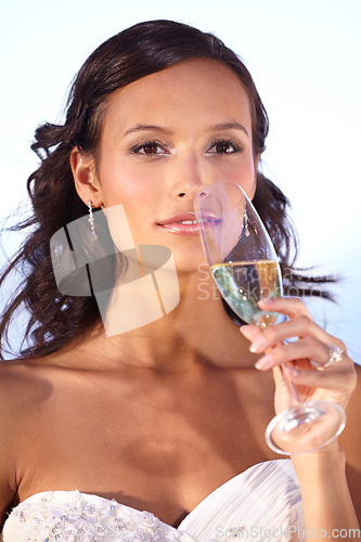 Image of Woman, portrait and wedding dress or champagne for celebration event, love ceremony or bride partnership. Female person, alcohol drink glass and smile for romance party, commitment in elegant gown