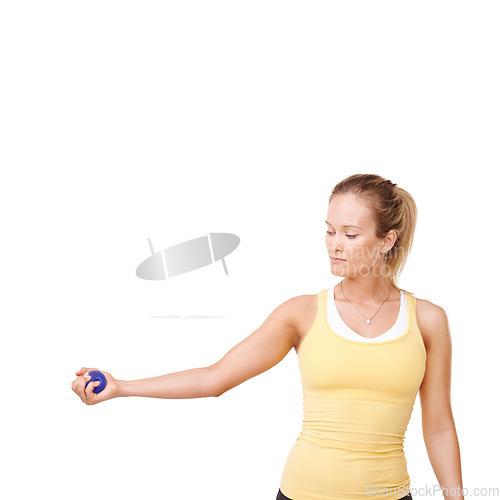 Image of Stress ball, wellness and woman in studio for mindfulness, fitness and arm exercise with focus. Health, equipment and young female person from Canada with anxiety relief isolated by white background.