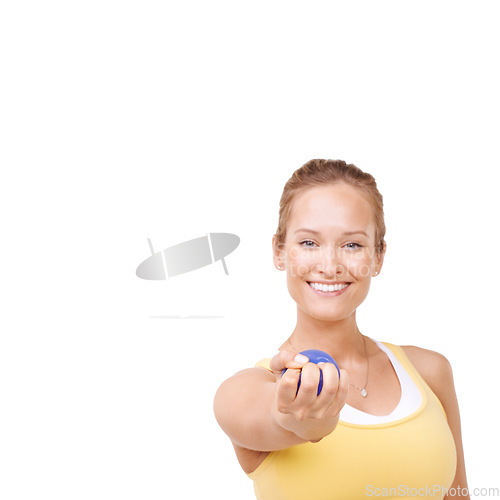 Image of Stress ball, portrait and happy woman in studio for fitness and arm exercise with smile. Health, equipment and toung female person from Canada with anxiety relief isolated by white background.