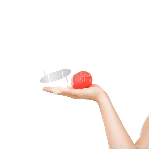 Image of Woman, hand and stress ball for anxiety, fitness or exercise against a white studio background. Closeup of female person or palm with round object for anger management, relief or tension on mockup