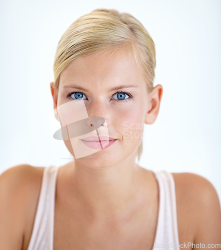 Image of Portrait, skincare and beauty of blonde woman in studio isolated on a white background. Face, cosmetics and natural model in spa facial treatment, dermatology or healthy skin glow, shine and wellness