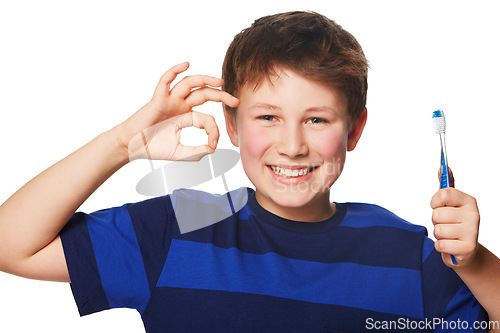 Image of Portrait, toothbrush or child with perfect hand in studio for dental, care or feedback on white background. Teeth, cleaning or boy kid face with OK emoji for bacteria, cavity or bad breath prevention