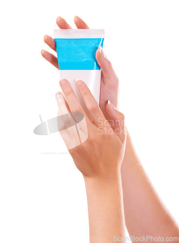 Image of Woman, hands and skincare product for cosmetics, cream or beauty against a white studio background. Closeup of female person, container or lotion SPF or creme for soft skin or moisturizer on mockup