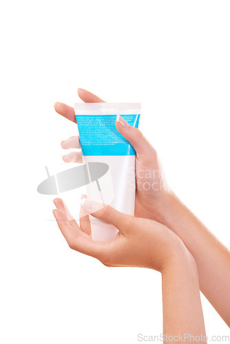 Image of Woman, hands and skincare product for beauty, cosmetics or sunscreen against a white studio background. Closeup of female person with container of cream, SPF or anti aging in soft skin or moisturizer