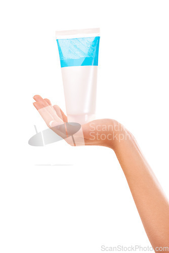 Image of Woman, hands and skincare for beauty product, cosmetics or sunscreen against a white studio background. Closeup of female person with container of cream, SPF or anti aging in soft skin or moisturizer