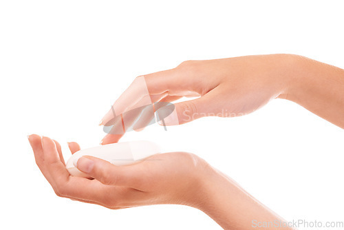 Image of Hygiene, soap and closeup of washing hands in studio for health, wellness or selfcare. Grooming, cosmetic and zoom of person or model clean skin to prevent germs, bacteria or dirt by white background