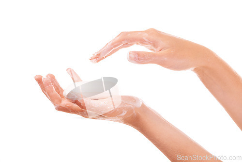 Image of Self care, soap and closeup of washing hands in studio for grooming, wellness or health. Hygiene, cosmetic and zoom of person clean skin to prevent germ, bacteria or dirt isolated by white background