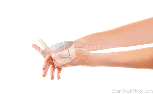 Image of Health, soap and person washing hands in studio for hygiene, wellness or self care. Grooming, cosmetic and closeup of model clean skin to prevent germs, bacteria or dirt isolated by white background.