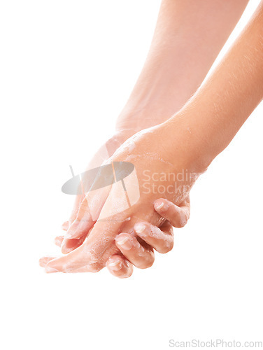 Image of Health, soap and closeup of washing hands in studio for hygiene, wellness or self care. Foam, cosmetic and zoom of person or model clean skin to prevent germs, bacteria or dirt by white background.