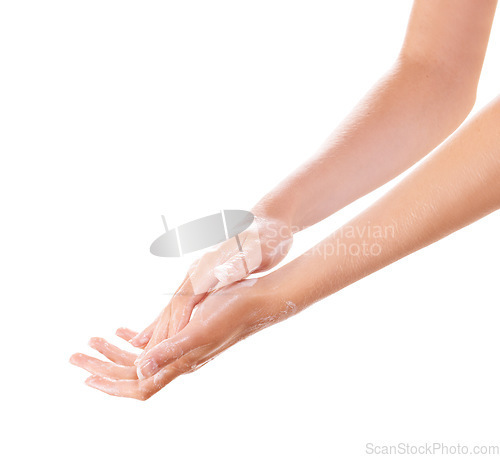 Image of Skincare, soap and washing hands closeup for health in studio isolated on a white background mockup space. Fingers, nails and woman cleaning with foam, wellness and bacteria prevention for hygiene