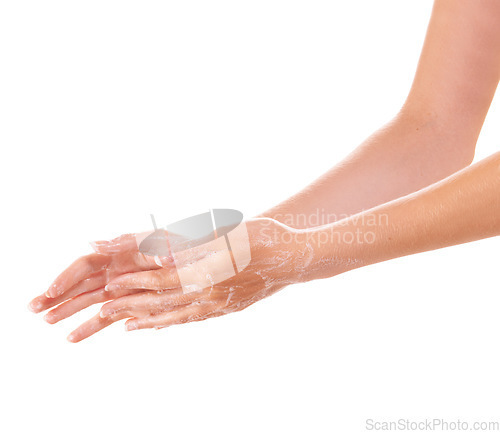 Image of Skincare, soap and washing hands closeup in studio isolated on a white background mockup space. Fingers, nails and woman cleaning with foam, dermatology and bacteria prevention, hygiene or health