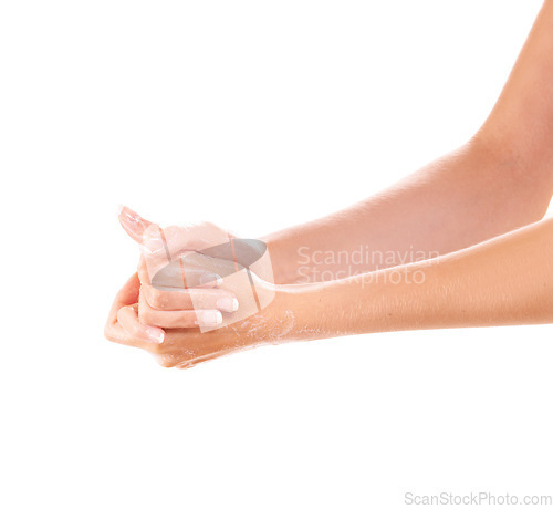 Image of Skincare, cleaning and washing hands with foam closeup in studio isolated on a white background mockup space. Fingers, nails and woman with soap, dermatology or bacteria prevention, hygiene or health