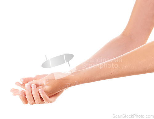 Image of Health, soap and closeup of washing hands in studio for hygiene, wellness or selfcare. Grooming, cosmetic and zoom of person or model clean skin to prevent germs, bacteria or dirt by white background