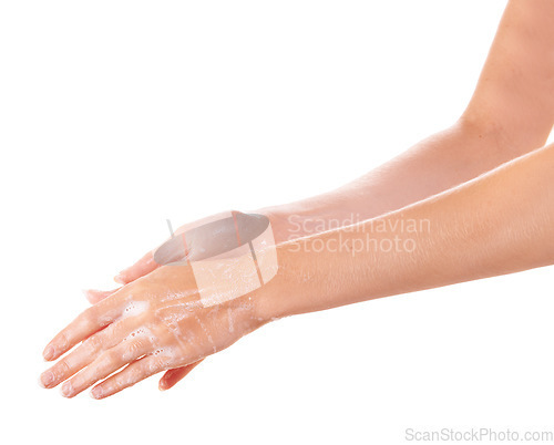 Image of Hygiene, soap and closeup of washing hands in studio for health, wellness or self care. Grooming, cosmetic and zoom of person or model clean skin to prevent germ, bacteria or dirt by white background