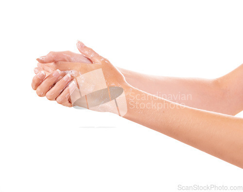 Image of Health, soap and closeup of washing hands in studio for hygiene, wellness or self care. Hygiene, cosmetic and zoom of person or model clean skin to prevent germs, bacteria or dirt by white background