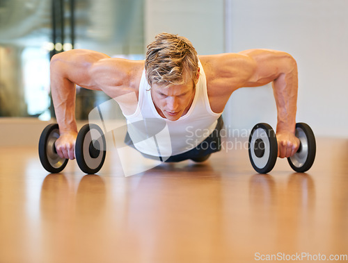 Image of Man, exercise and pushup on floor, dumbbells or gym for muscle development, growth and results for health. Person, workout and bodybuilder with training process, strong arms and progress for wellness