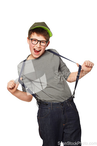 Image of Portrait, smile or kids fashion and a boy nerd in studio isolated on a white background with suspenders. Funny, glasses and geek with a happy young or trendy child looking excited in a clothes outfit